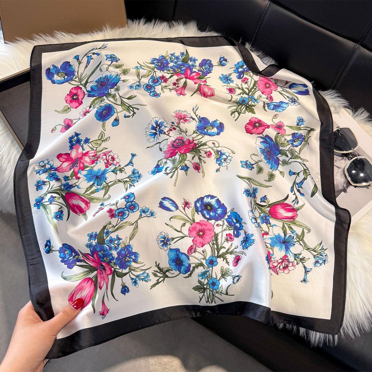 

Spring And Autumn Floral Square Scarf Women Satin Shawl Wrap Hijab Female Hair Luxury Headkerchief Sun Protection Bandana