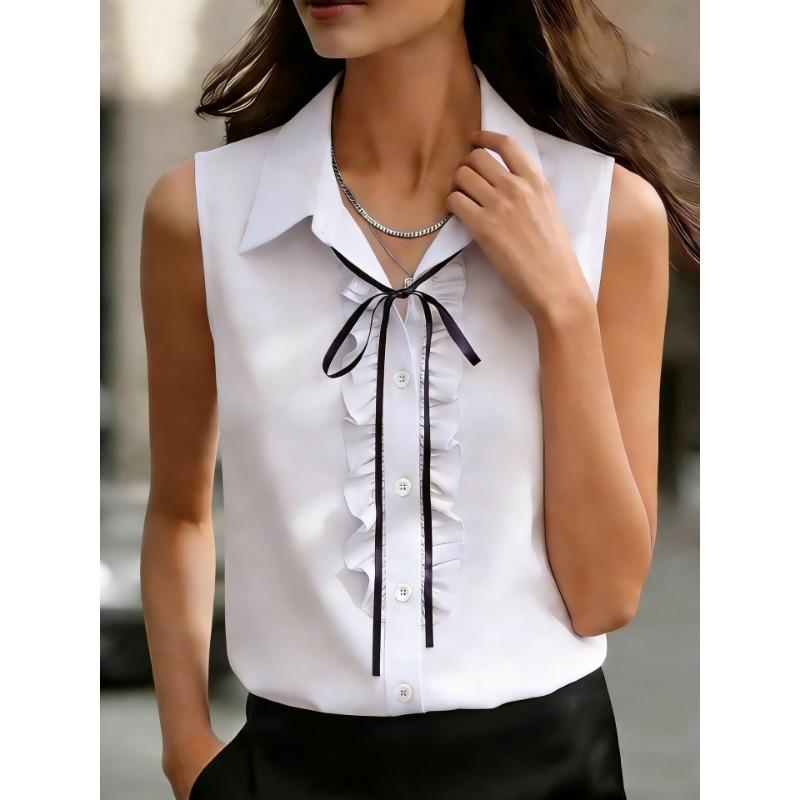 Women Elegant Ruffled Sleeveless Blouse With Ribbon Bow Tie Office Casual Shirt S