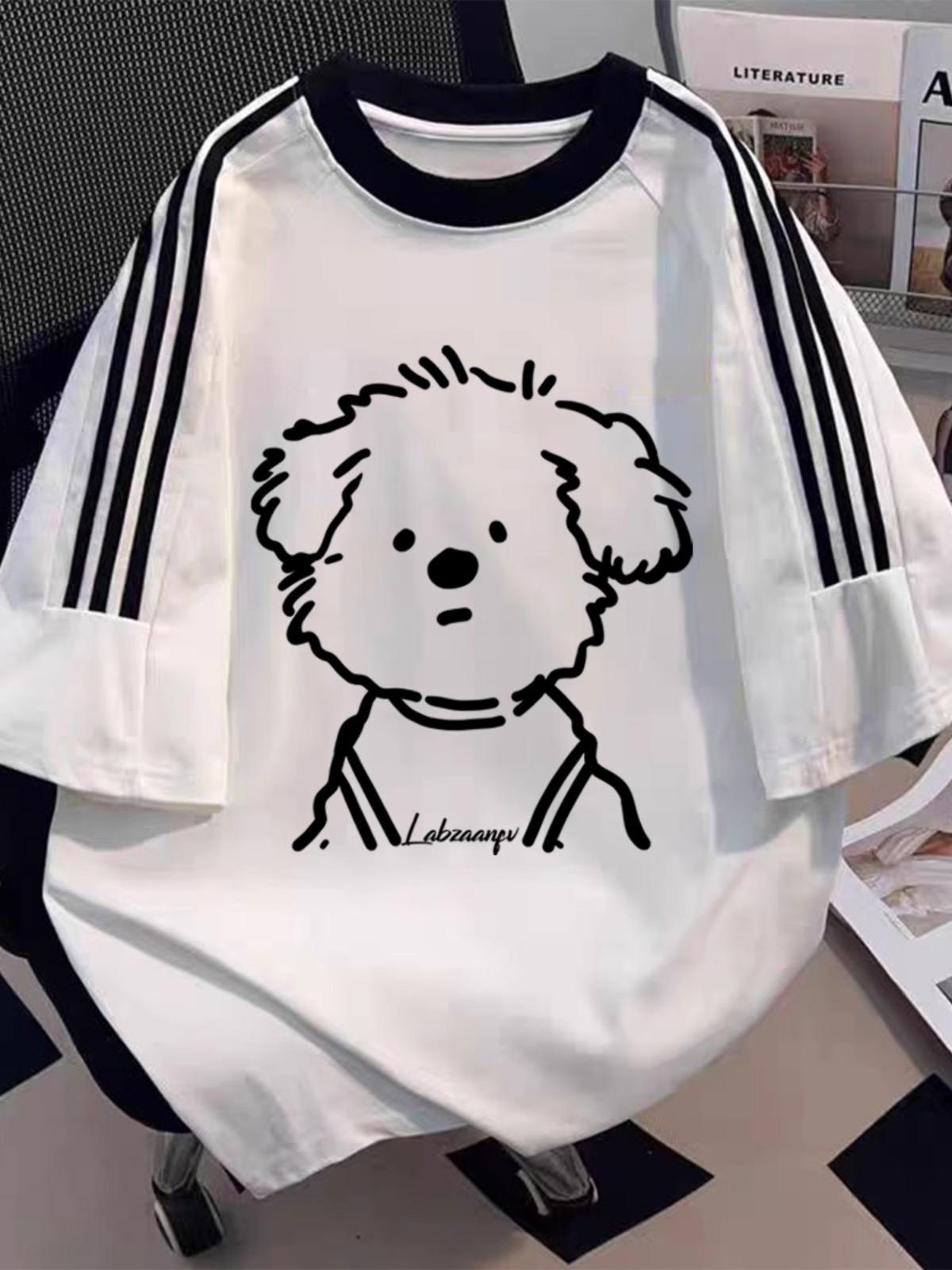 

Korean Style Hand-Drawn Puppy Print Short-Sleeve Women s Loose Cotton Top - Cute, Versatile Crew Neck for Spring/Summer XXL