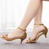 Light Mouth One-length Strap Golden Rhinestone Mid-high Heel Sandals Thin Heels Open Toe Strap One-length Strap Banquet Dance Shoes