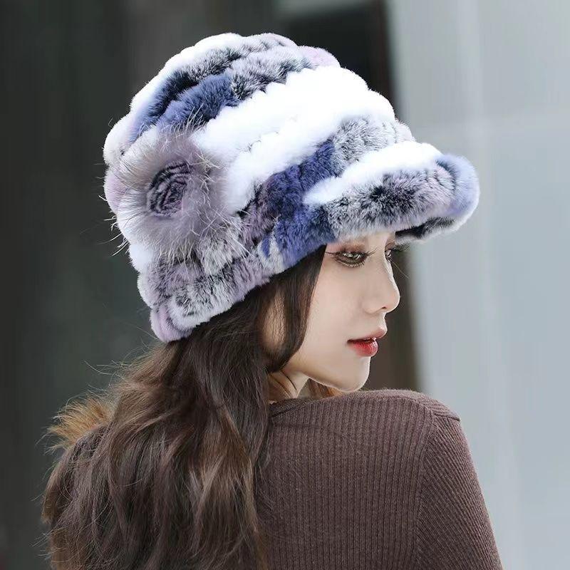 Rex Rabbit Fur Hat Genuine Fur Ear Protection Thick Warm Fashionable Fox Fur Flower Duckbill Cap New All-match Autumn and Winter Women's Hat