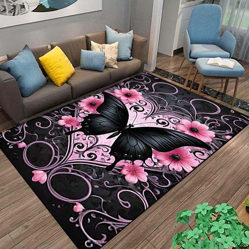Black Butterfly with Pink Flowers and Heart Pattern Carpet Design Suitable for use as an anti-slip for living room bedroom sofas