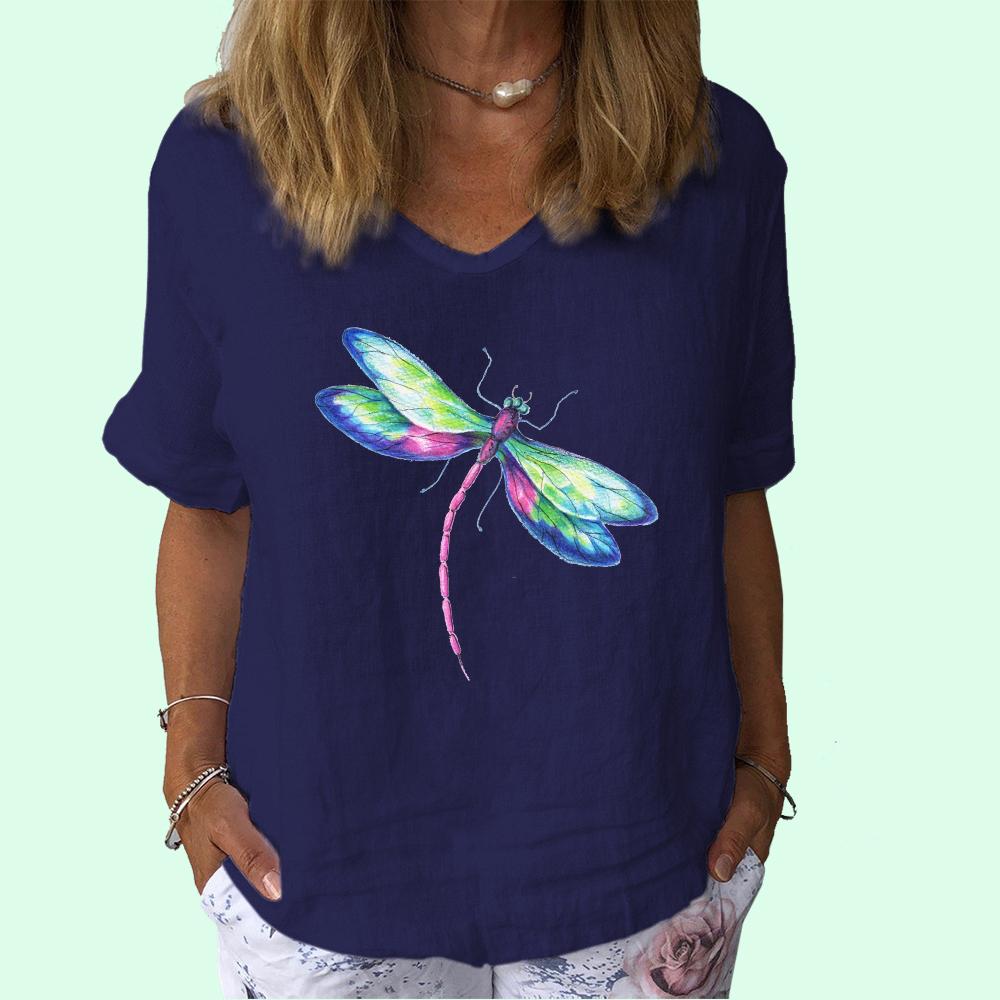 Women Fashion Cotton Linen T-shirt Casual V Collar Short Sleeve Top Ladies Print Tee Shirt