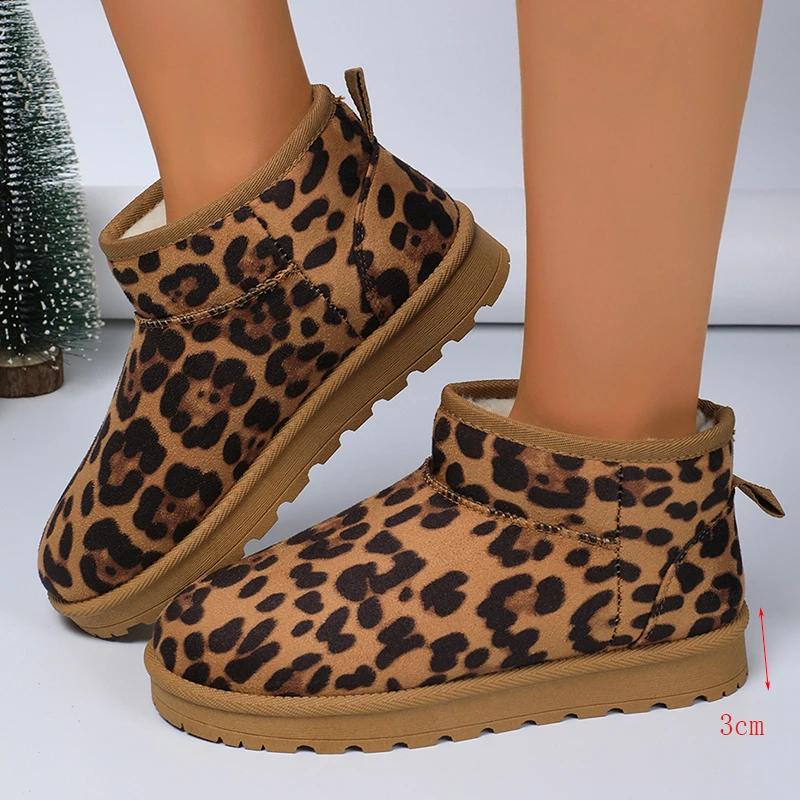 Fashion Leopard Faux Suede Ankle Boots Women Winter Thicken Plush Cotton Padded Snow Boots Thick Sole Non Slip Platform Casual Shoes