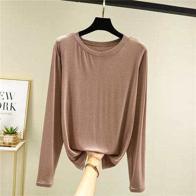 Damen Modal Langarm T-Shirt Rundhalsausschnitt Einfarbig Schmale Passform Basic Unterhemd Dünn Vielseitig Lässiges Oberteil