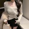 Chic French Autumn Winter Slim Fit Furry Square Neck Top for Women