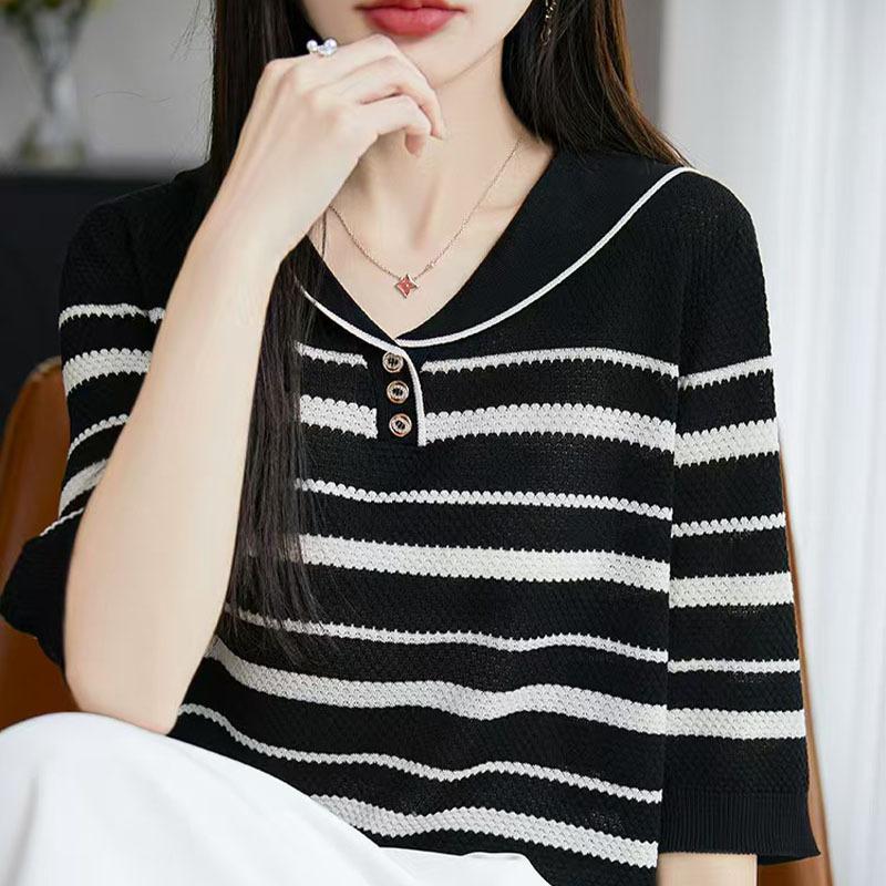 

Весенне-летняя новинка, вязаный свитер с узором «ананасовая игла» и темно-синим воротником, полосатый пуловер с коротким рукавом, базовый слой XXL чёрный