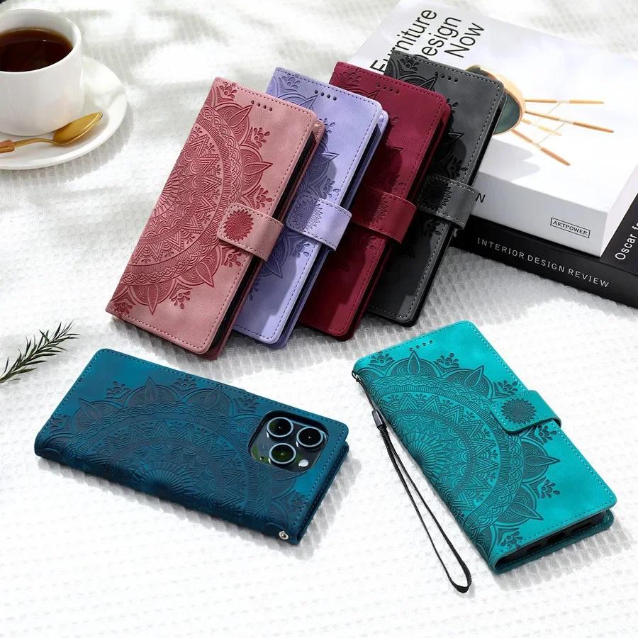 Custodia in Pelle con Totem Goffrato per Samsung Galaxy S26 S25 Edge S24 S23 FE S22 Ultra S21 S20 Plus Note20 Copertura a Portafoglio Flip
