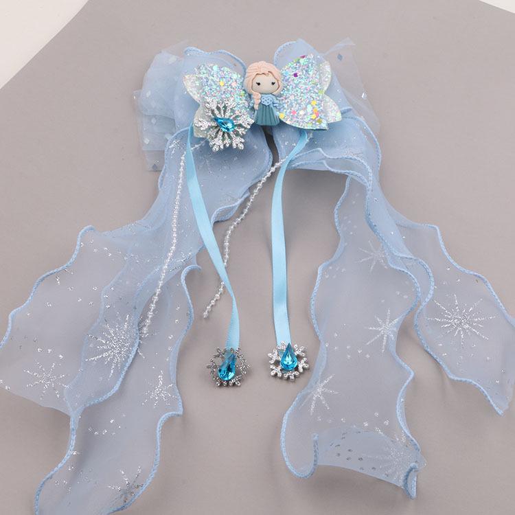 

Корейская заколка для волос с бантом принцессы и ниспадающей синей лентой