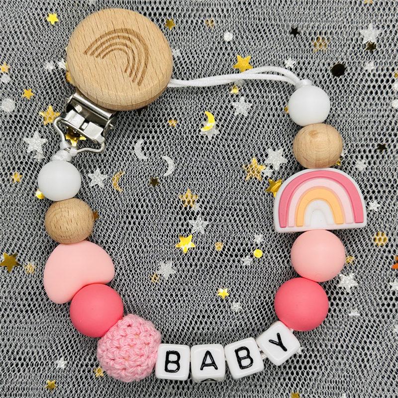 Handgefertigte Personalisierte Schnullerketten mit Namen Schnullerhalter Baby Silikon Regenbogen Schnullerhalter Kette Baby Beißring Geschenk
