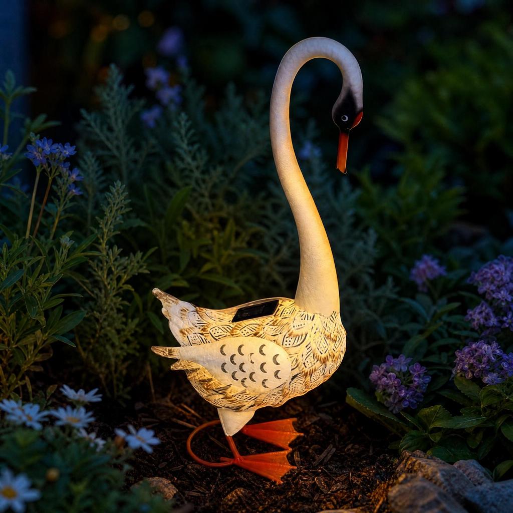Solar Swan Garden Ornament Hand-Painted Outdoor Decorative Figurine Waterproof