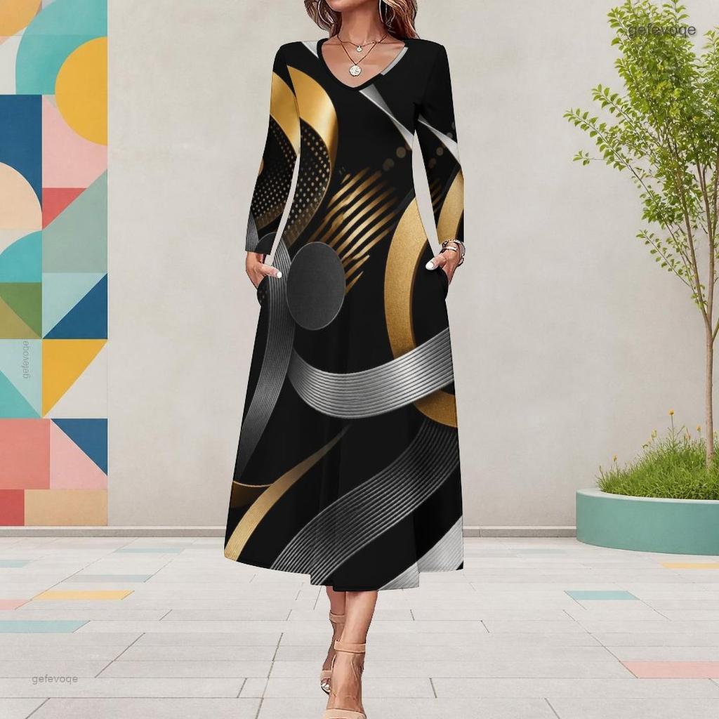 Women Plus Size V Neck Long Sleeve Halloween Printed A Line Midi Dress With Pockets