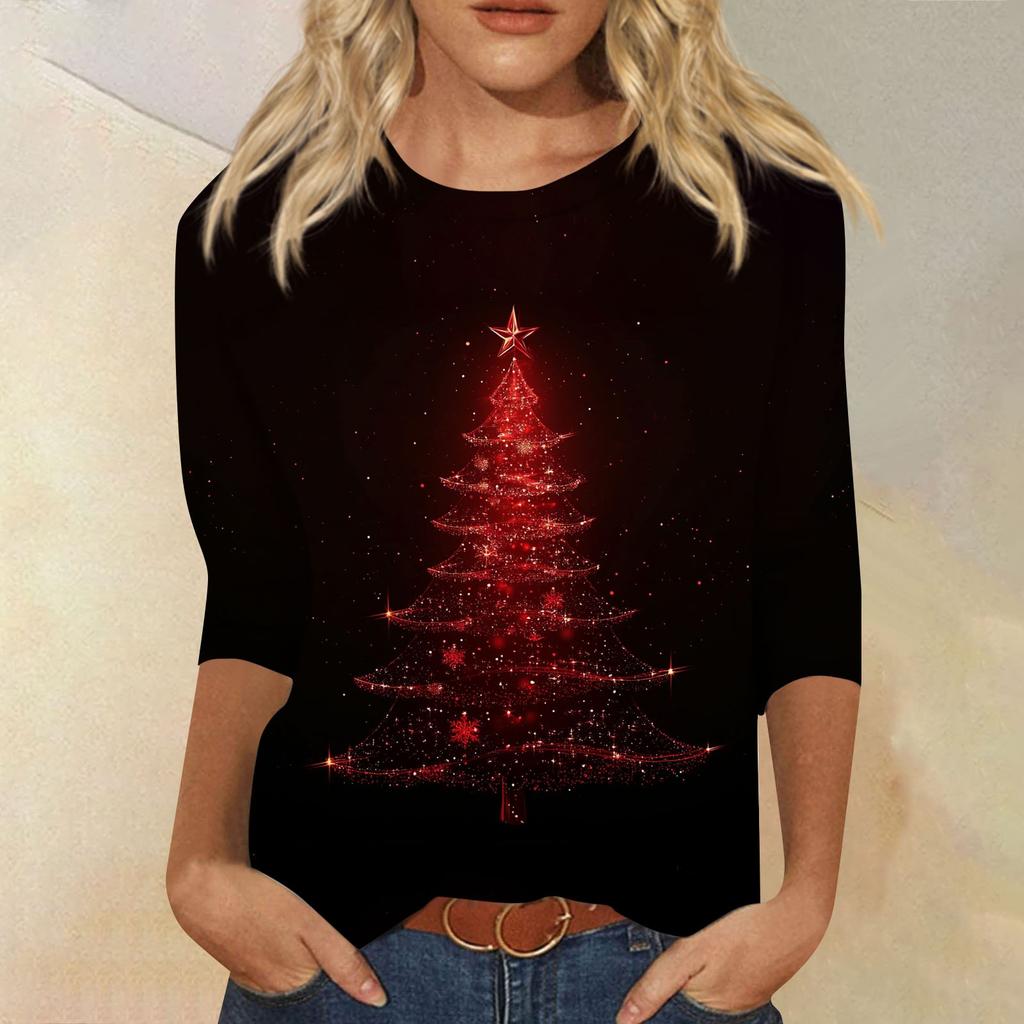 Women's Fashion Casual Seven Sleeve Christmas Printed Round Neck Top