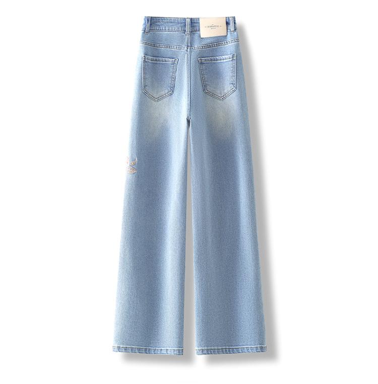Light Blue Floral Embroidered Women's Curved Leg Jeans - New Chinese Style, Thin, Loose, Hip-Covering, Straight Leg for Spring and Autumn