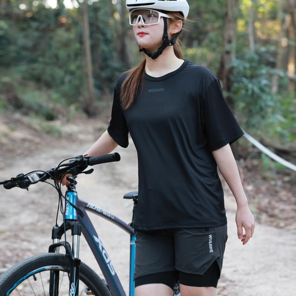 WOSAWE Męska i Damska Koszulka z Krótkim Rękawem na Rower Górski Outdoorowy Jazda na Rowerze Zestaw Spodenek MTB 2 w 1 z Wkładką