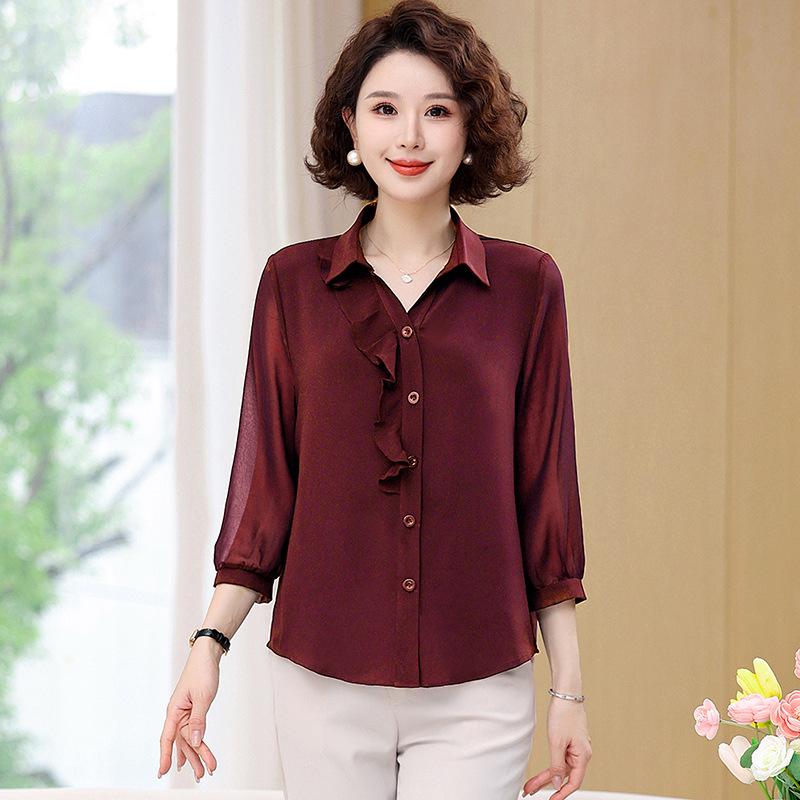 

Летняя шифоновая блузка 2025 для зрелых женщин - Стильная, с рукавом семь восьмых, модная рубашка, скрывающая живот XXXL for 125-135 jin вино красного