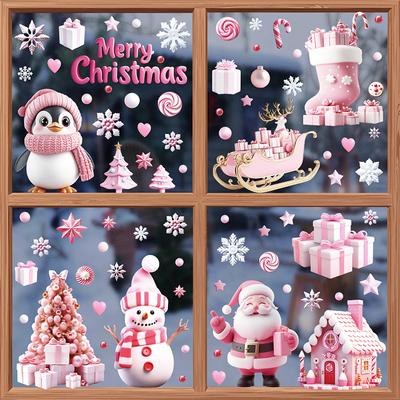 Pink Christmas Wall Stickers Christmas Trees Christmas Wooden Houses Static Stickers Festival Party Decor Glass Stickers