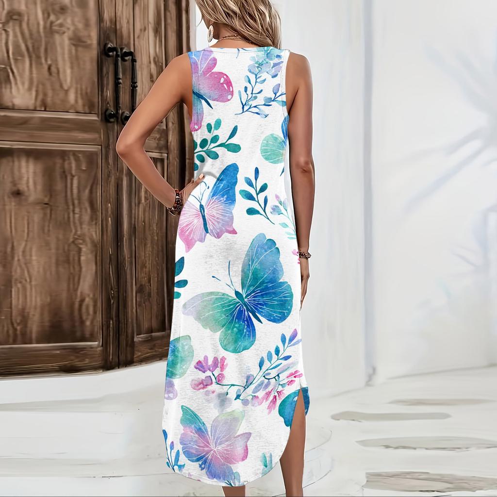 Women Sleeveless Floral Print Casual Loose Fit Long Dress Round Neck Side Slit Summer Maxi Dress for Daily Wear