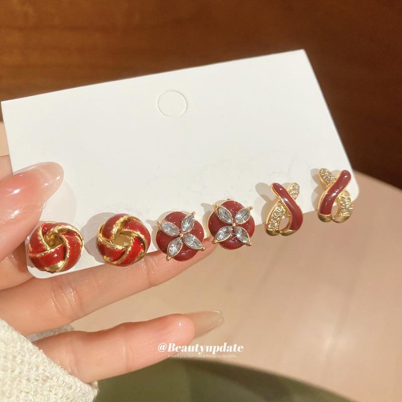 Silver Needle Diamond Drip Oil Round Stud Earrings Set New Year's Red Retro Niche Earrings Light Luxury Premium Earrings Women