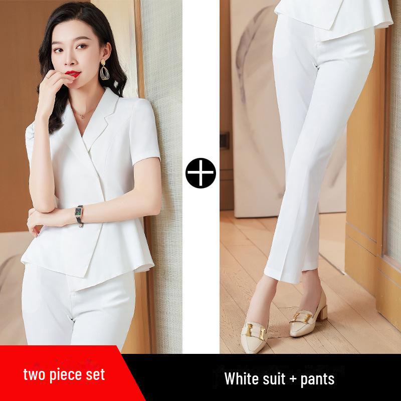 

Елегантний літній професійний костюм з короткими рукавами для жінок - ідеально підходить для ювелірних магазинів та салонів краси XXXL