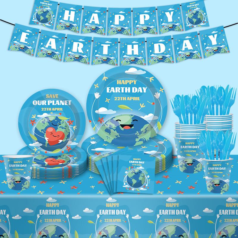 Earth Day Theme Birthday Party Decoration Disposable Paper Plate Paper Cup Paper Towel Tableware Tablecloth Set
