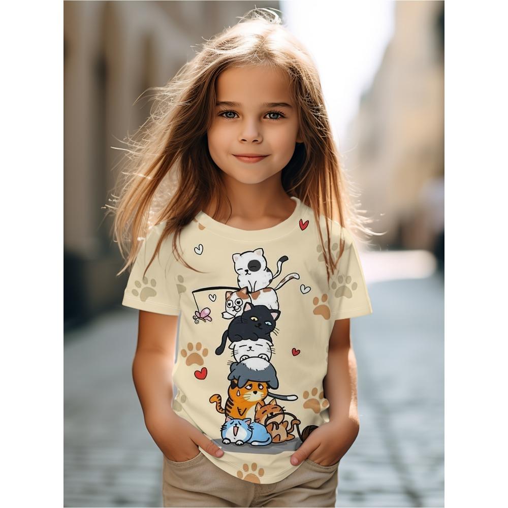 Kids Clothes Cute Cat Graphic T Shirts Short Sleeve Tops Summer Children's T-Shirt Crew Neck Child T-Shirt Cartoon Child T Shirt