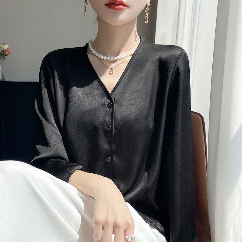 Korean Classic All Match Shirt V-neck Cardigan for Spring and Autumn New Long Sleeved Silk Shirt Loose Fashion Top
