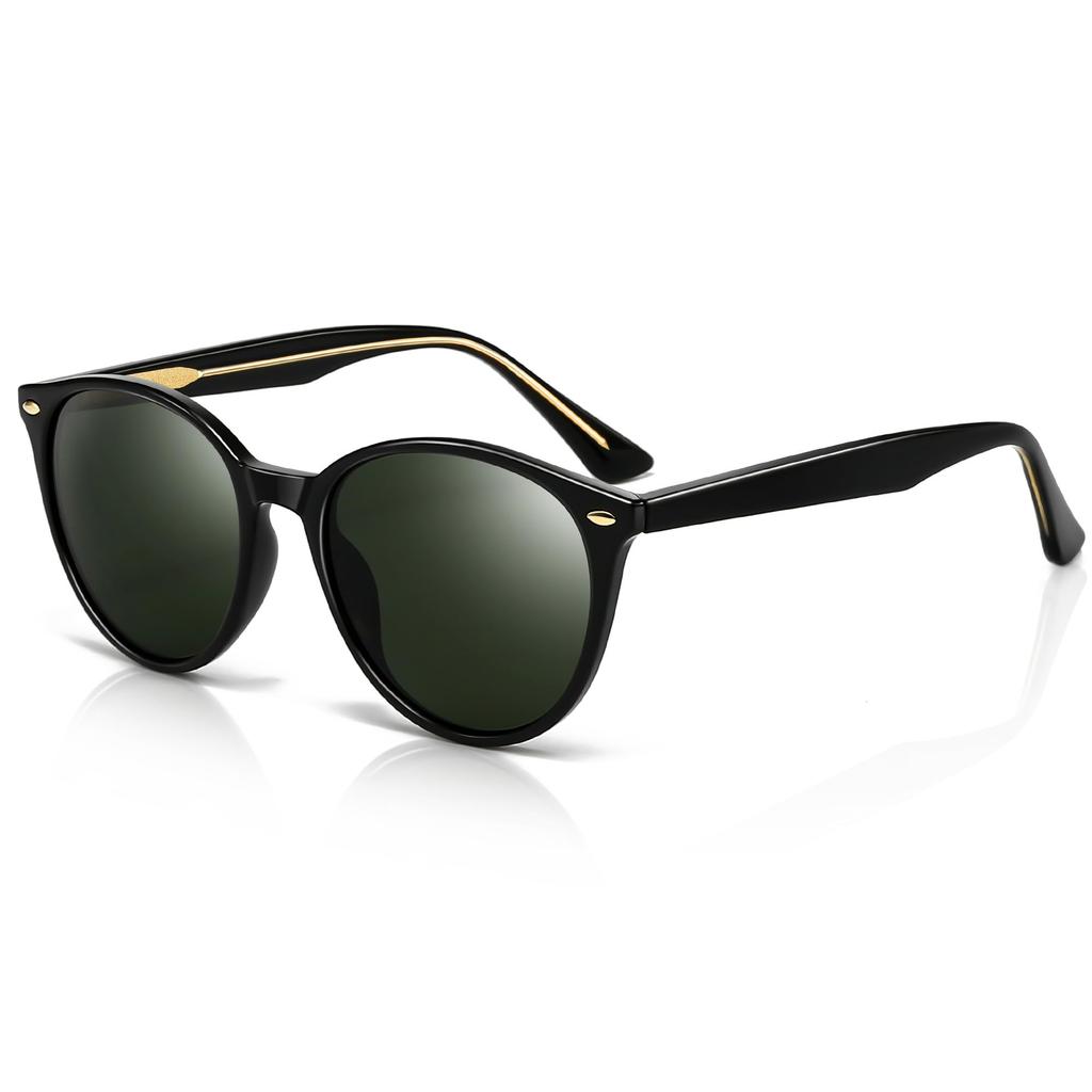 Sunglasses UV Protection Boston Wellington Sunglasses Retro Round Stylish Soft Feel Driving Sea Travel Frame Green [SUNGAIT] Women's Men's (Black