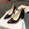 Fashion Aphixta Autumn 10cm/3.94Inch Chunky Heels Pumps Women Shoes Wine Red Patent Leather Sexy Party Official Leisure Plus Szie 33-46