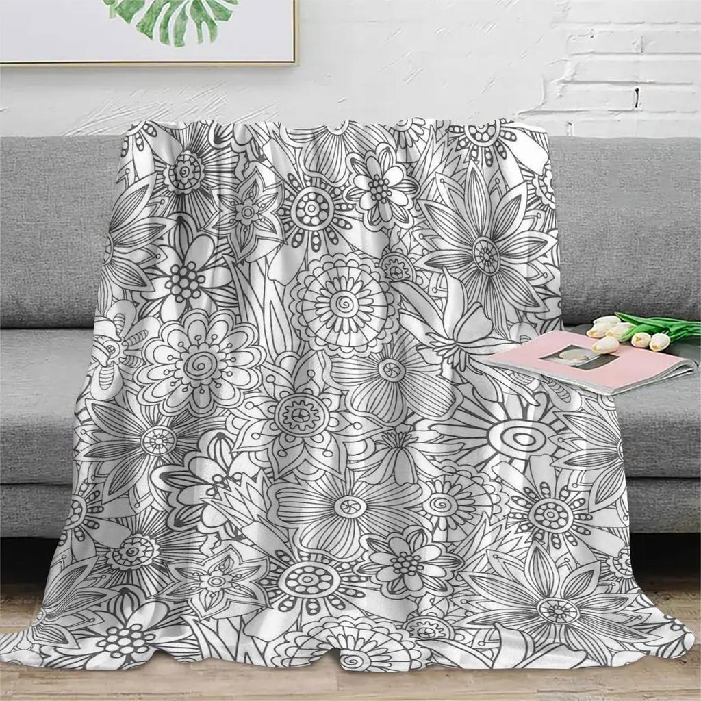 Adult Stress-Relief Coloring Flannel Blanket, DIY Hand-Painted Thickened Warm Throw for Home Office Naps, Creative Doodle Floral