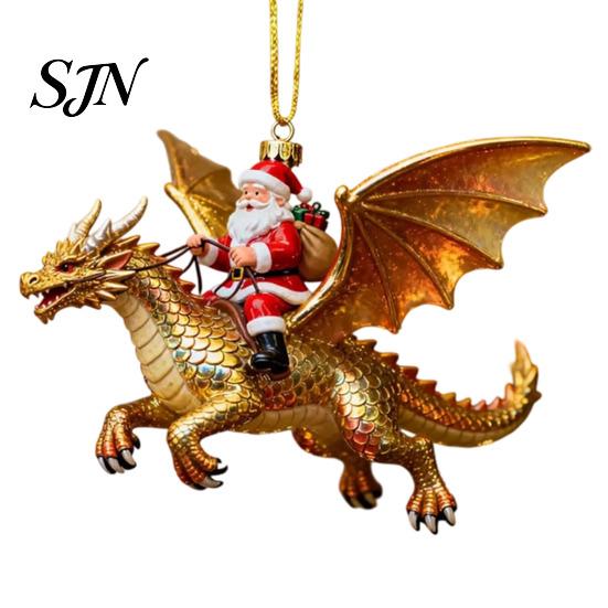 Xmas Tree Hanging Accessory Santa Claus Dragon Rider Christmas Ornament, 2D Acrylic Red Door Window Decor with Flying Decorations for Home Parties