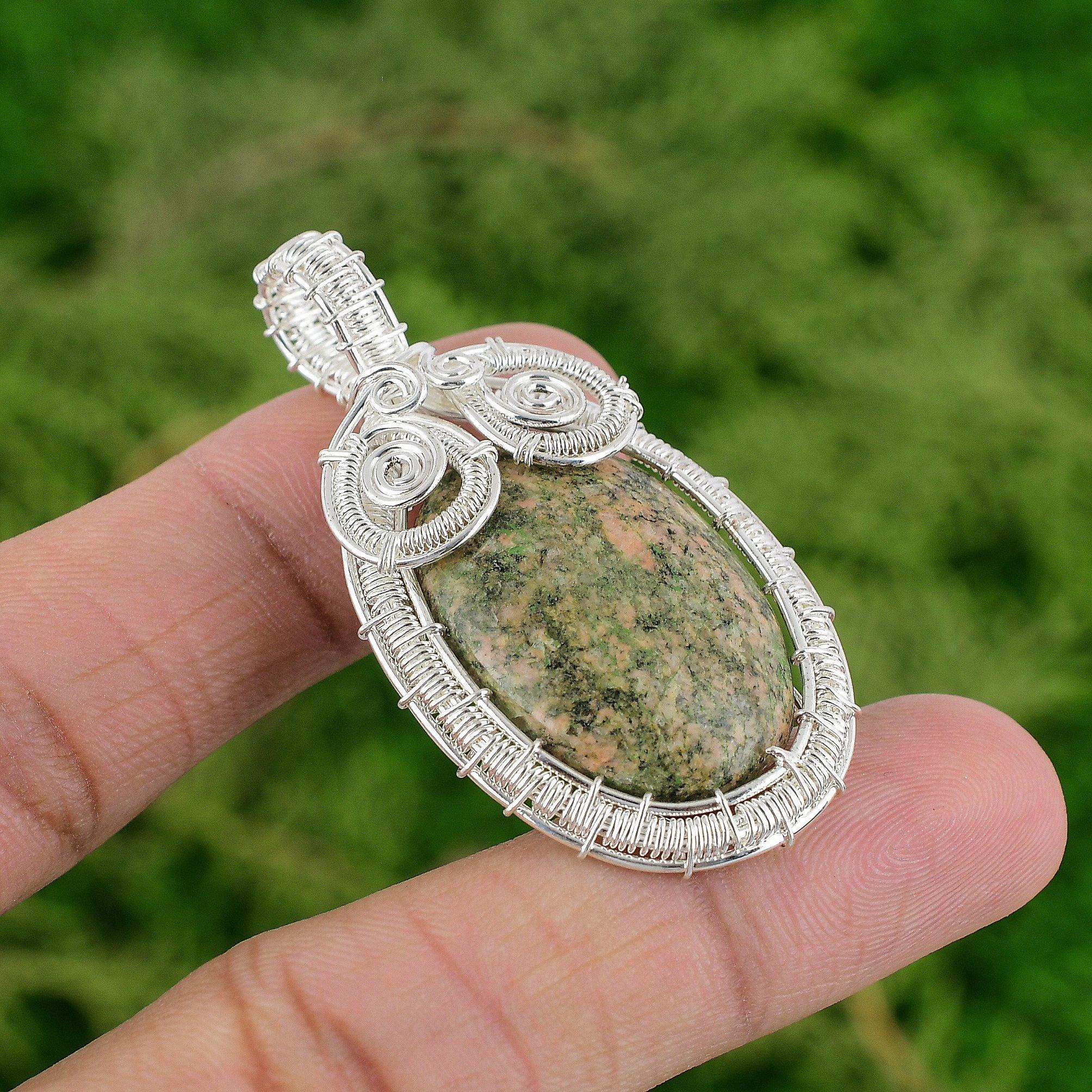 

Daughters Day Deal Sterling Silver Oval Unakite Stone Wire Wrap Pendant Jewelry