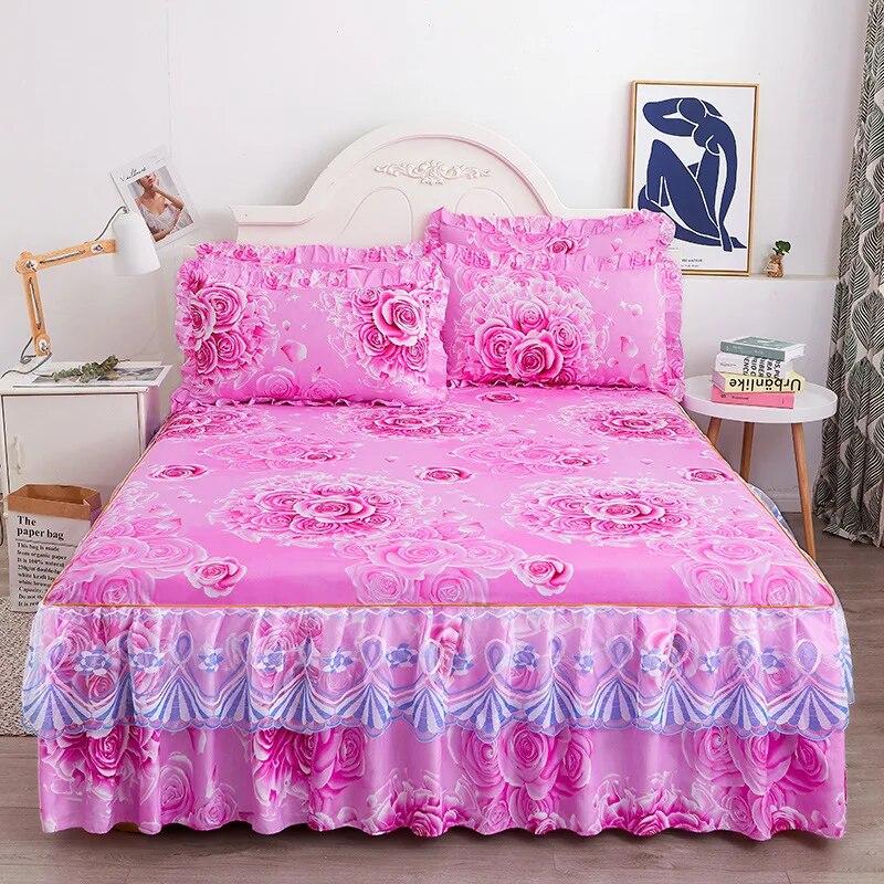 3pcs Set Skin-friendly Lace Bedspread Princess Double Layer Lace Bed Sheet Anti-slip Bed Cover with 2pcs Pillowcase