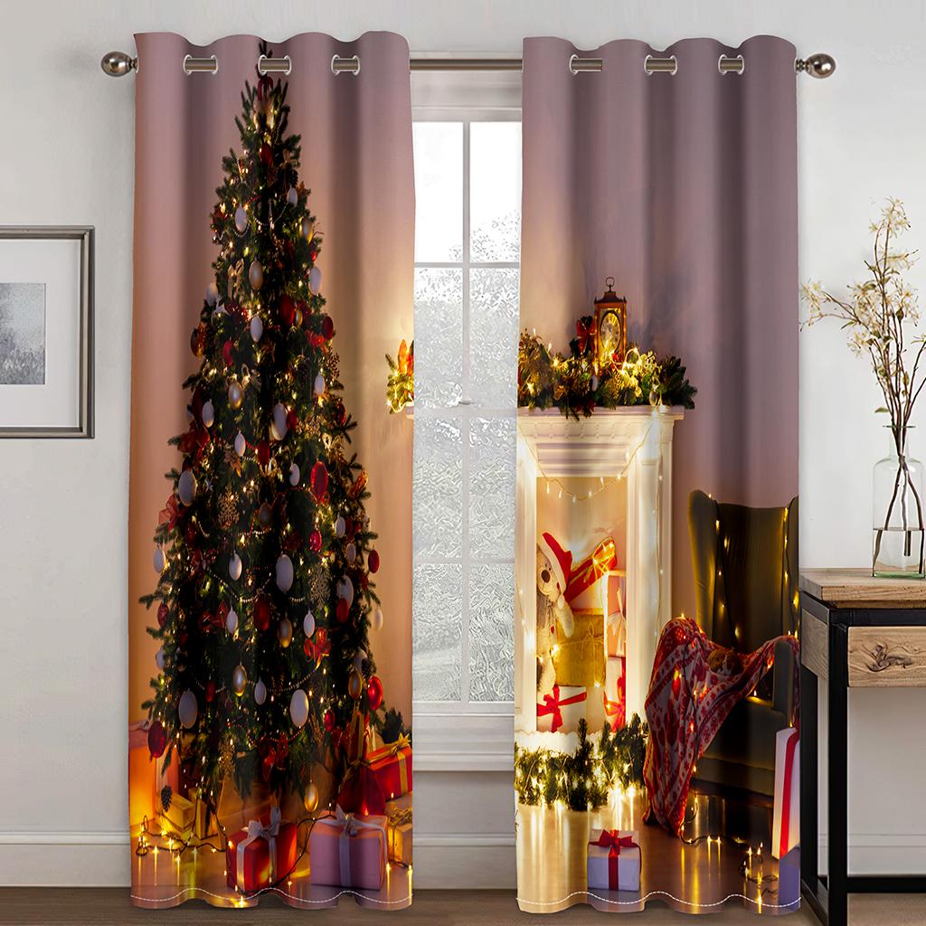 Merry Christmas Happy New Year Red Green Boy Window Curtains Blinds for Living Room Kids Bedroom Kitchen Door Home Decor 2Pieces