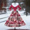Women's Casual Dress Long-Sleeve V-Neck Patchwork Fleece Christmas Print Dress