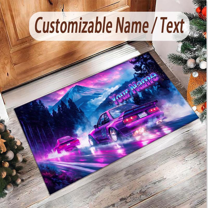 Auto-Rennsport-Thema Weicher Kristall-Samt Teppich Benutzerdefinierter Name & Text Druck Rutschfester Boden Teppich für Schlafzimmer Wohnzimmer