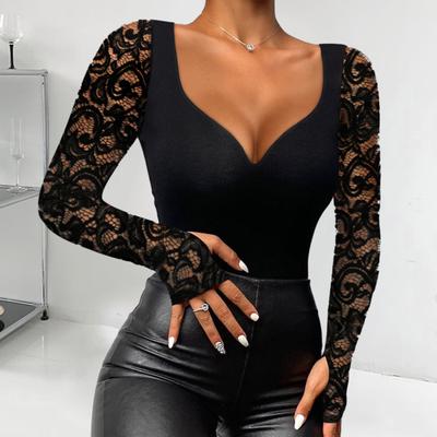 Woman Sexy Blouse Mock Neck Square Collar Slim Fit Tee Shirt Hollow Out