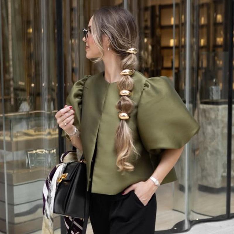 2025 Spring/Summer Satin Puff Sleeve Casual Top for Women