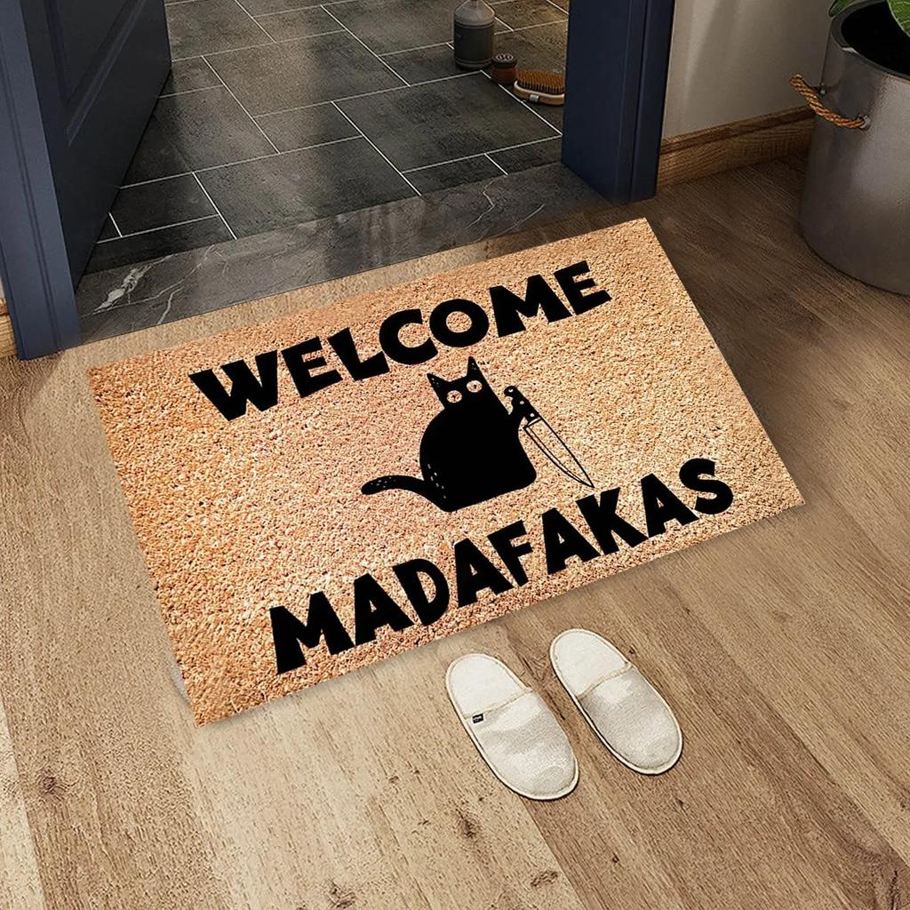 Black Cat Welcomes Madafakas Printed Doormat Home Decor Fun Kitchen Bedroom Rug Indoor Outdoor Entryway Doormat