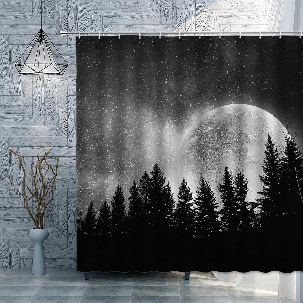 Tree Under Teal Full Moon Shower Curtain Black and Blue Foggy Forest Nature Night Sky Landscape Bath Curtain for Bathroom Decor