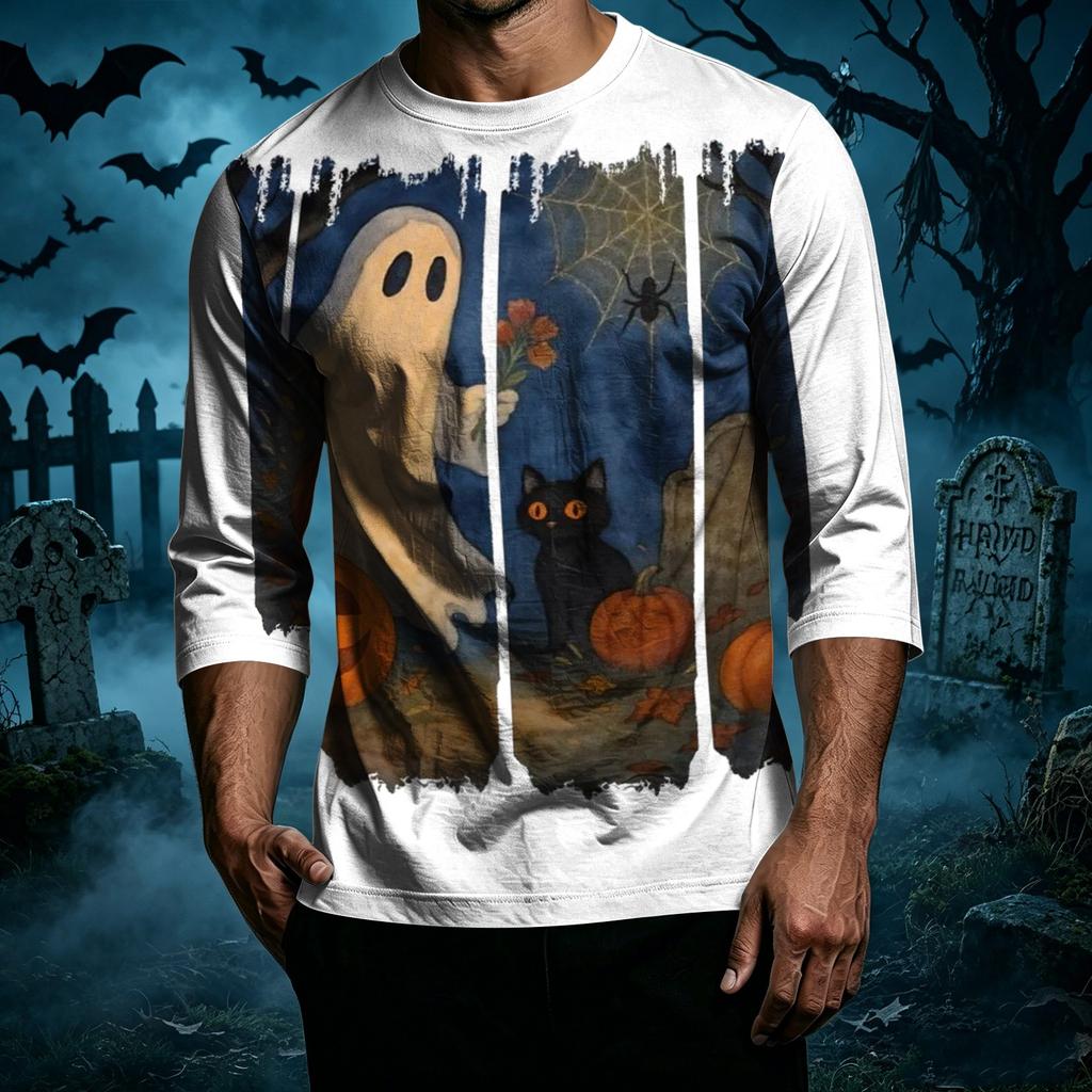 Men's Casual Halloween Print Crew Neck T Shirt Three Quarter Sleeve Regular Fit Top Suitable for Everyday Wear and Seasonal Events