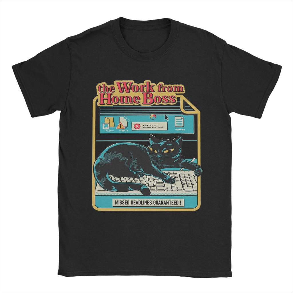 Vintage Work from Home Boss Cat Playing Computer Games T-Shirt Men Pure Cotton T Shirt Short Sleeve Tee Shirt Plus Size Clothing