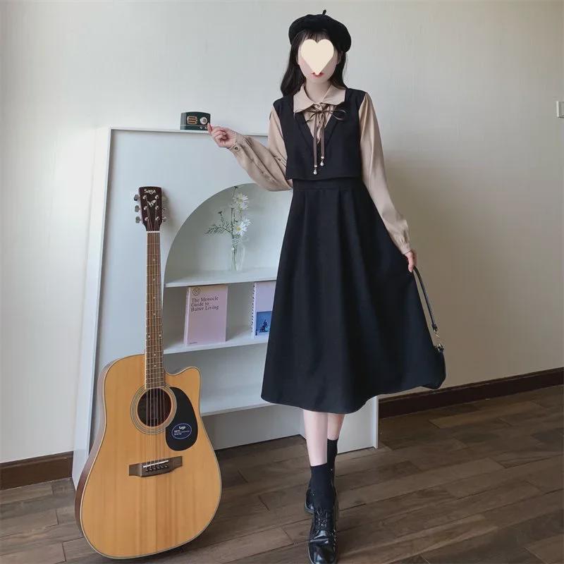 Langärmliges Kleid im koreanischen Stil für Damen, Frühling/Herbst, College-Stil, Übergröße, taillenschlank machend, zweiteiliger Look, altersreduzierend, gespleißter langer Rock