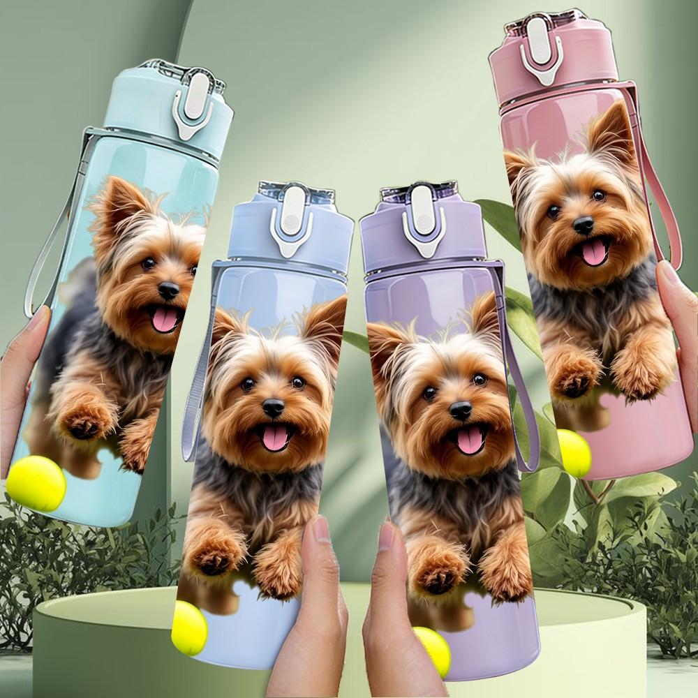 1PC Happy Playful Puppy Print 750ml Color Plastic Sports Water Bottle Leakproof Flip Straw Lid Suitable for Sports Office Home Use