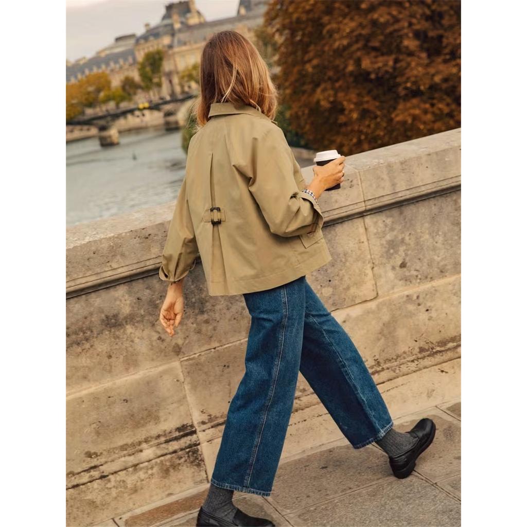 Women Lapel Collar Cropped Trench Jacket Single‑Breasted Long Sleeve Loose Casual Short Windbreaker Outerwear With Pockets