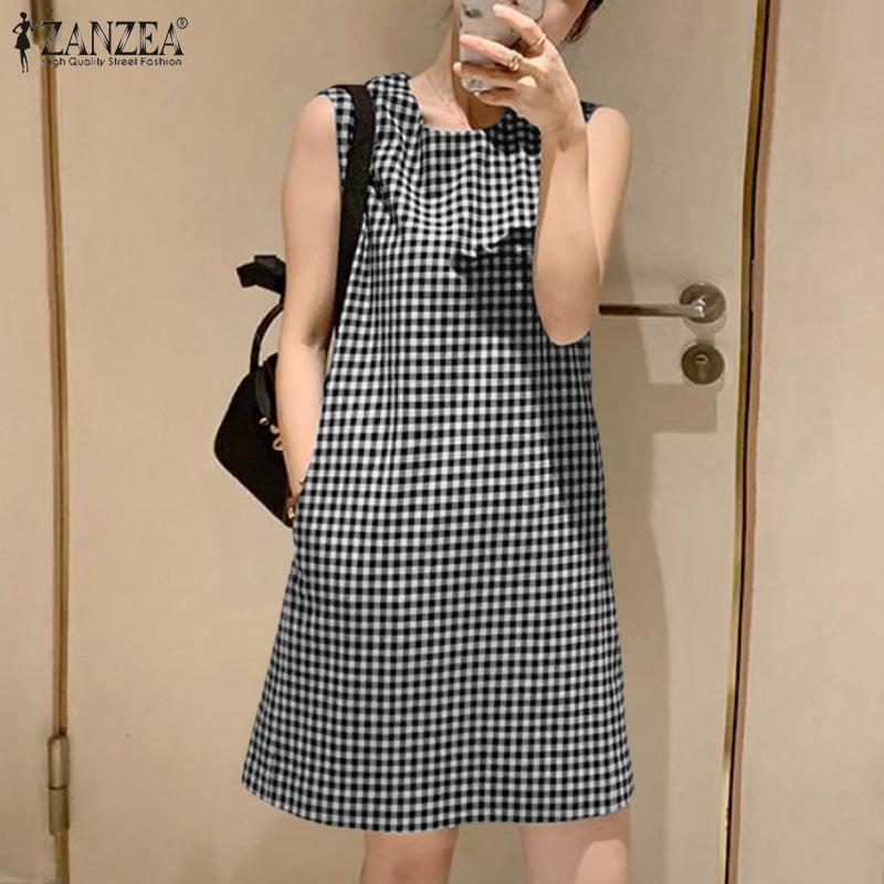 

ZANZEA Женское повседневное летнее клетчатое платье без рукавов с круглым вырезом