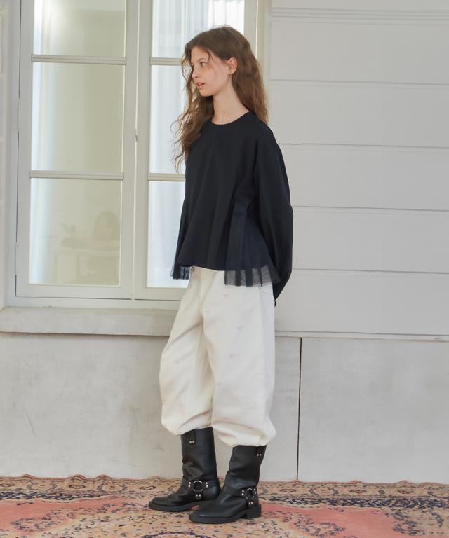 Ronron Ribbon Pattern Wide Denim Pants White