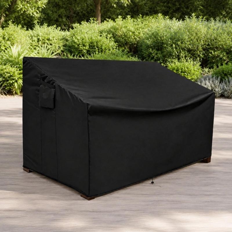600D Fabric Patio Loveseat Cover with Rain and Debris Barrier, Bottom Cord Closure, 2 Side Fasteners, and Storage Pocket