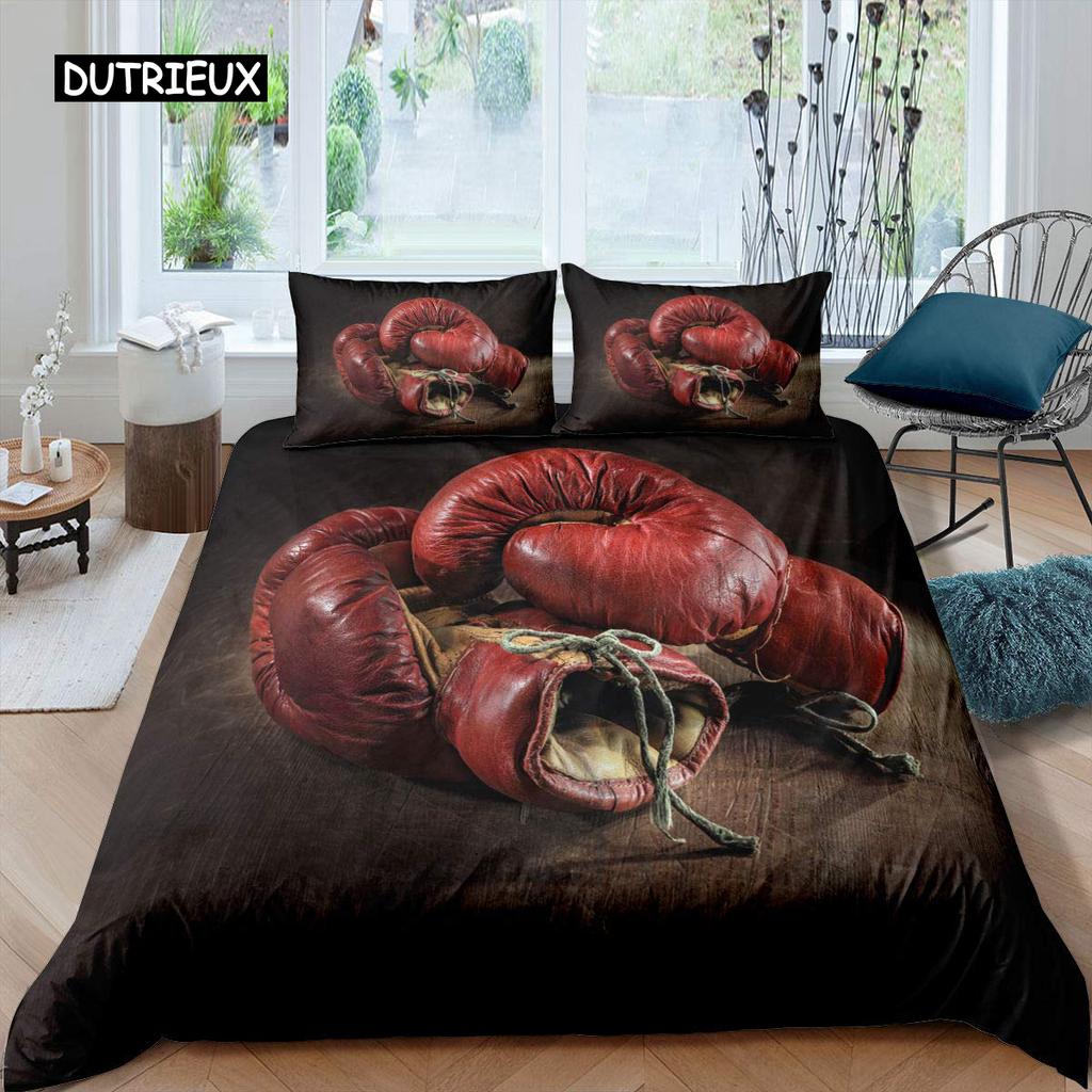 Boxing Duvet Cover Set Sports Games Theme Twin Bedding Set Microfiber Boxing Gloves Athlete Silhouette Queen King Quilt Cover