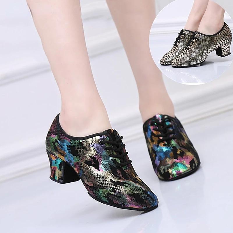 Ballroom Latin Dance Shoes Women Mid-Heeled Camouflage Dance Shoes Closed Toe Leather Teacher Shoes Tango Jazz Square